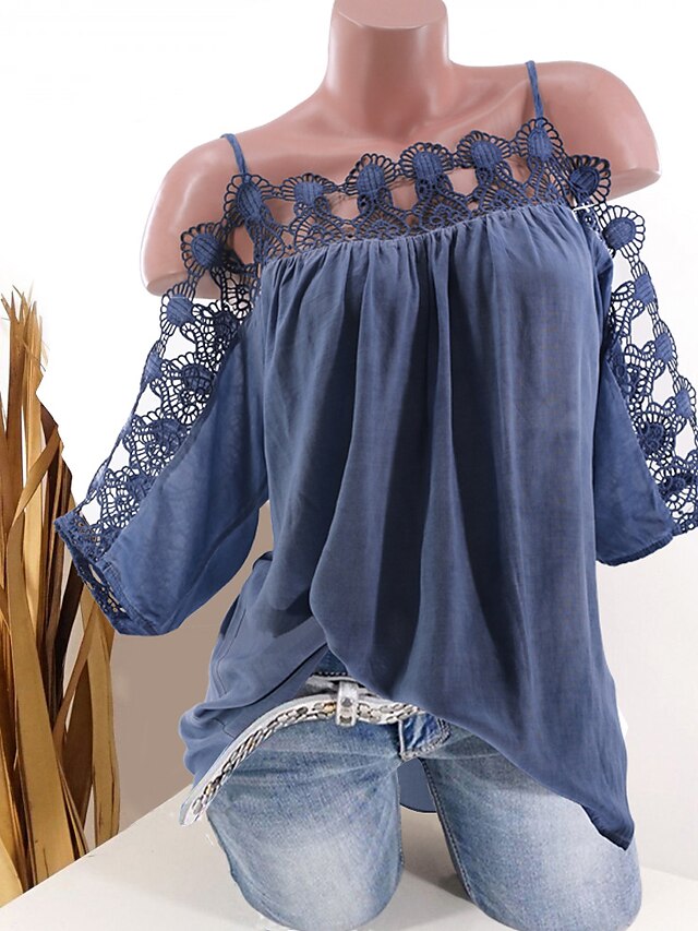  Women's Blouse Solid Colored Lace Half Sleeve Loose Tops Chiffon Strapless White Black Blue