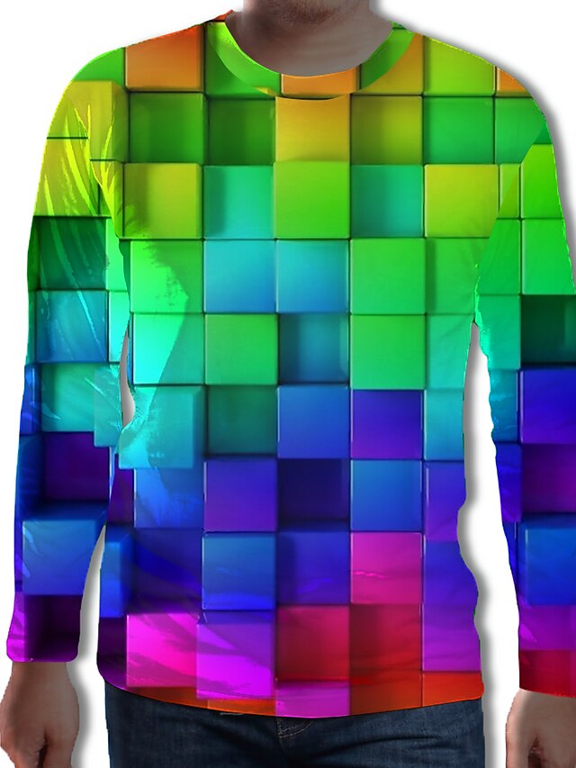  Men's Daily Tunic Plus Size Graphic Geometric 3D Long Sleeve Pleated Print Tops Streetwear Exaggerated Round Neck Rainbow