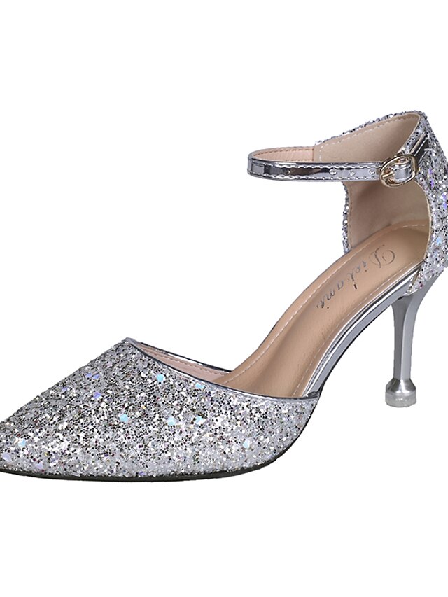  Women's Heels Glitter Crystal Sequined Jeweled Daily Stiletto Heel Pointed Toe PU Synthetics Ankle Strap Silver Gold