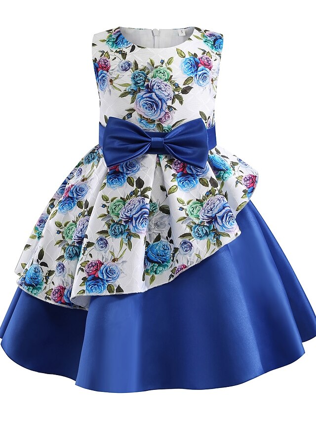  Infantil Bébé Pouco Para Meninas Vestido Floral Plantas Laço Estampado Azul Fúcsia Vermelho Algodão Altura dos Joelhos Sem Manga Básico Estilo bonito Vestidos Normal