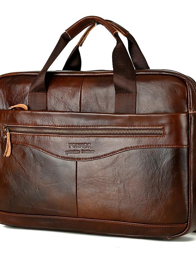  Men's Bags Nappa Leather Cowhide Briefcase Top Handle Bag Zipper Solid Color Daily Handbags Dark Brown