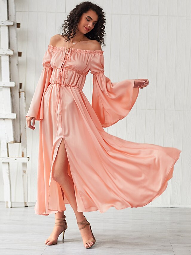  Women's Swing Dress Maxi long Dress Blushing Pink Long Sleeve Solid Color Split Summer Off Shoulder Elegant 2021 XS S M L