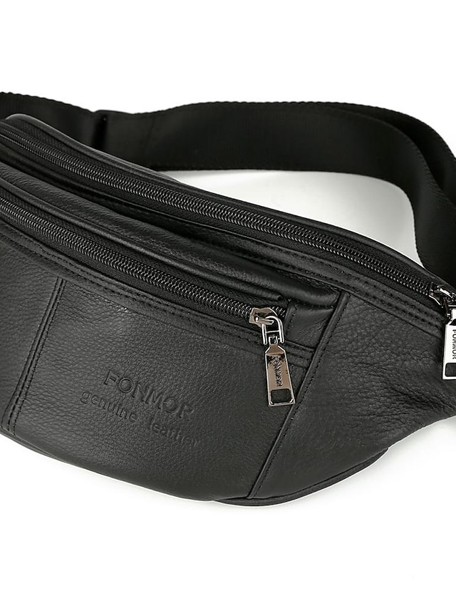  Men's Bags Nappa Leather Cowhide Fanny Pack Zipper Solid Color Daily Bum Bag Messenger Bag Black