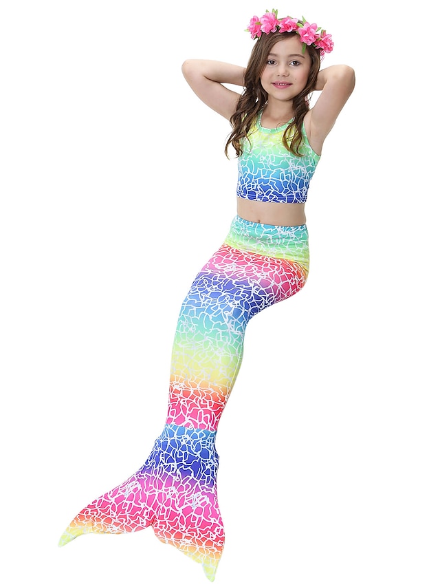  Kids Girls' 3pcs Three Piece Swimwear Bikini Swimsuit Mermaid Tail The Little Mermaid Swimwear Rainbow Rainbow Cosplay Costumes Princess Bathing Suits 3-8 Years / Cute