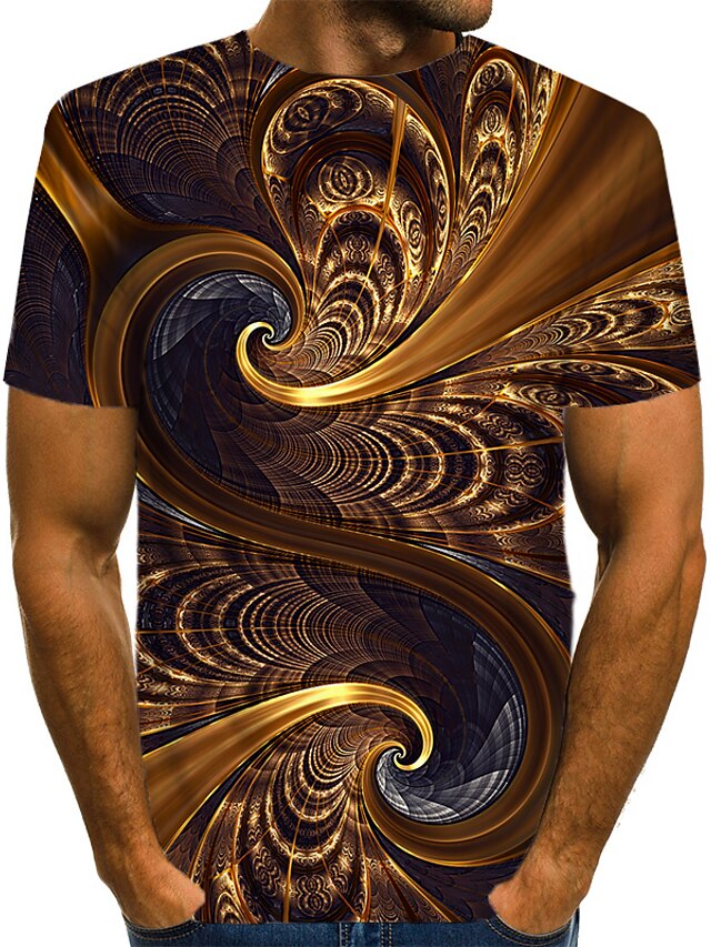  Swirls Fractal Mens 3D Shirt Casual | Brown Summer Cotton | Men'S Tee Graphic Abstract Round Neck Street Club Short Sleeve Print Clothing Apparel Streetwear