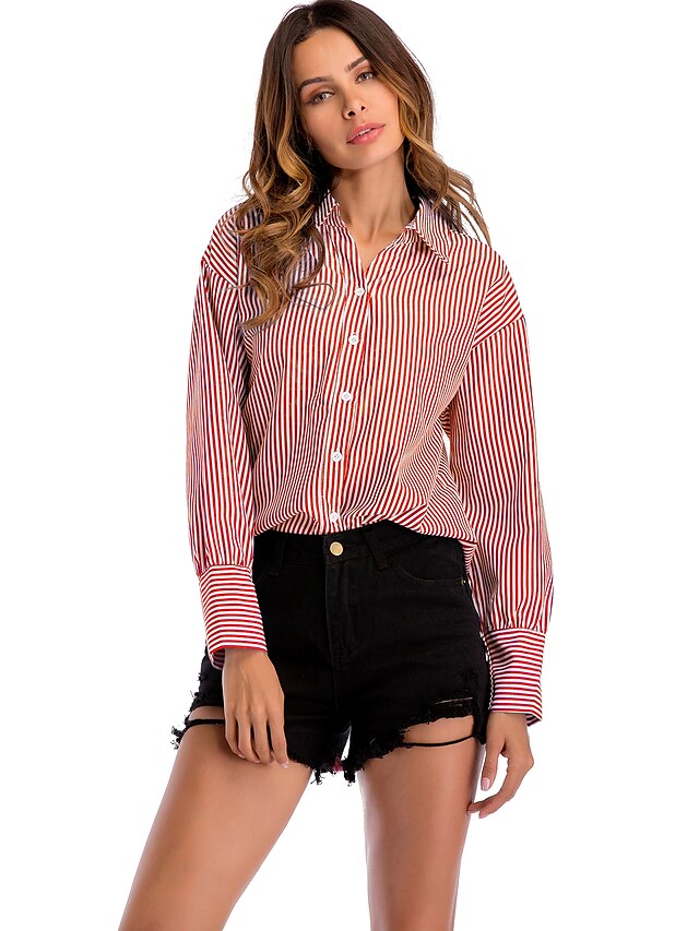  Women's Blouse Shirt Striped Long Sleeve Patchwork Shirt Collar Tops Loose Cotton Basic Streetwear Basic Top Blue Red