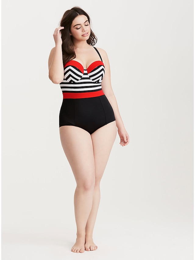  Women's Plus Size Halter Basic Boho One-piece Swimsuit Backless Striped Swimwear Bathing Suits Black