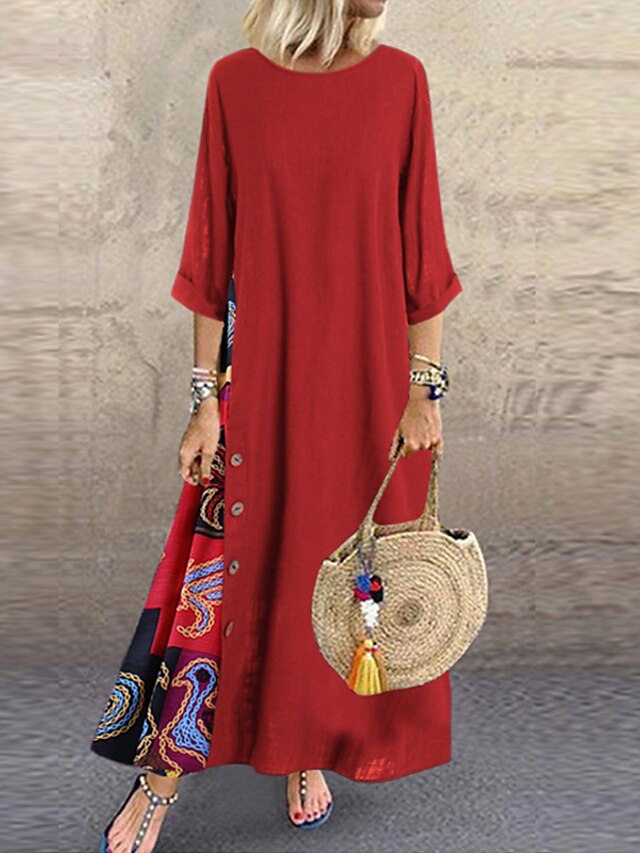  Women's Swing Dress Maxi long Dress - Long Sleeve Color Block Plus Size Blue Red Yellow L XL XXL XXXL XXXXL XXXXXL