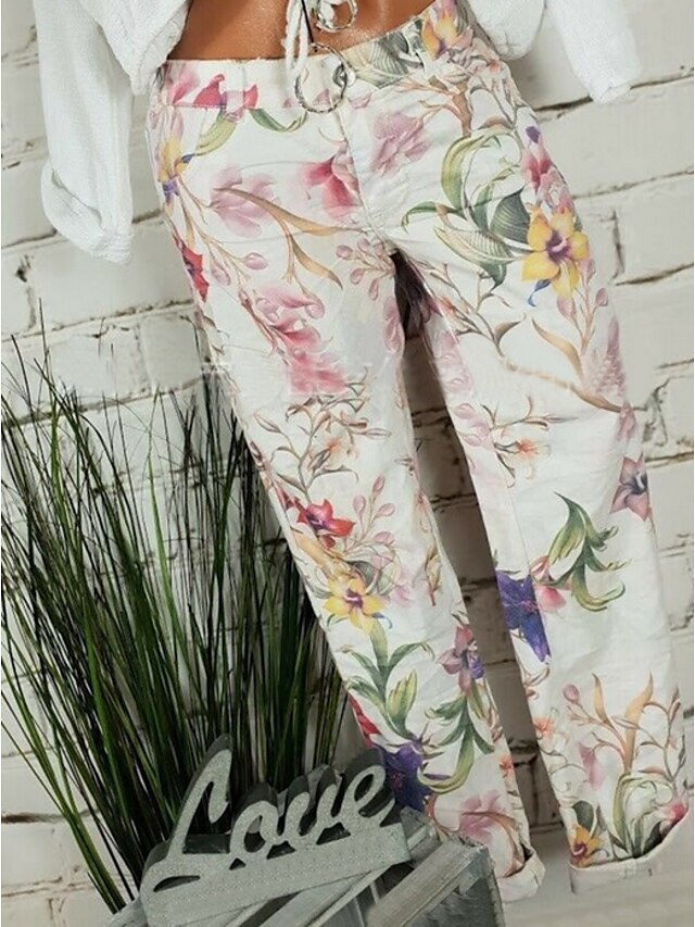  Mujer Básico Corte Ancho Chinos Pantalones - Floral Blanco M / L / XL