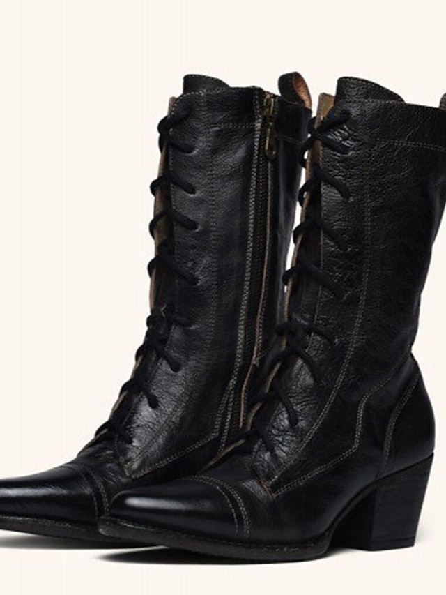  Mulheres Botas Botas Cowboy Sapatos Confortáveis Botas Longas Diário Escritório e Carreira Cor Sólida Botas da panturrilha Inverno Salto Cubano Dedo Apontado Vintage Clássico Punk e gótico Couro