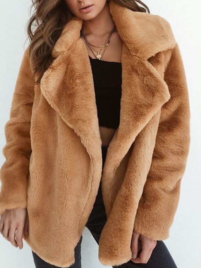  Women's Faux Fur Coat Daily Fall & Winter Regular Coat Notch lapel collar Regular Fit Jacket Long Sleeve Solid Colored Blushing Pink Light Brown