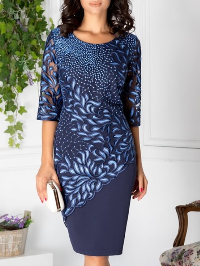  Women's Shift Dress Knee Length Dress - Half Sleeve Geometric Lace Print Elegant Lace Blue M L