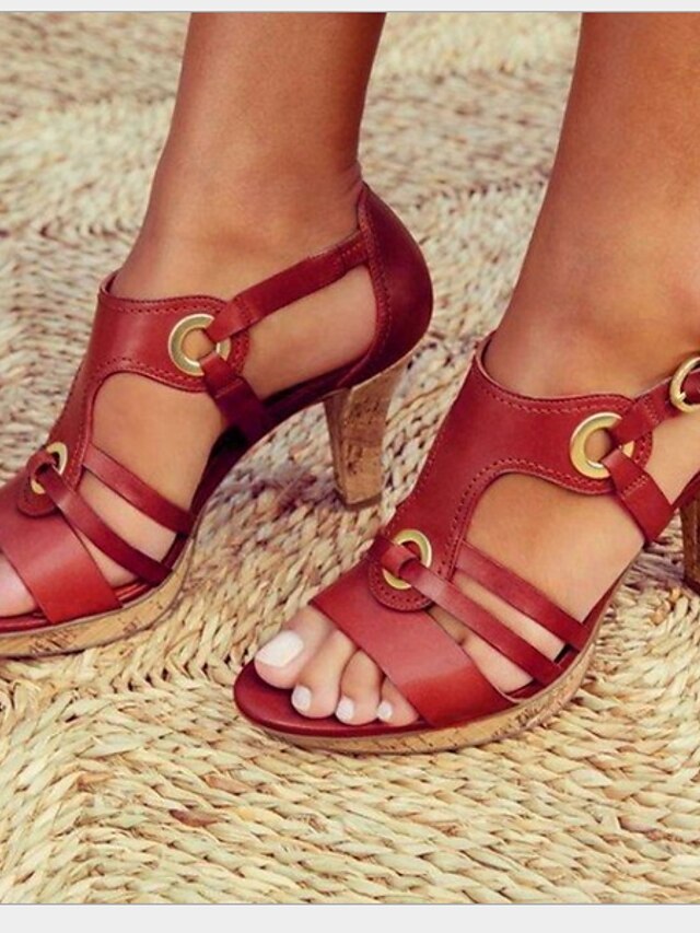 Dame Sandaler Hæl sandaler Daglig Ensfarvet Sommer Spænde Cubanske hæle Rund Tå Årgang Boheme Britisk PU Ankel Strop Sort Rød Brun