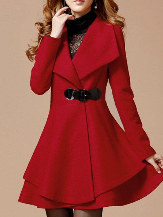 Women's Daily Basic Long Coat, Solid Colored Turndown Long Sleeve Polyester Black / Red