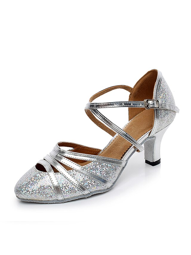  Women's Modern Shoes Ballroom Shoes Heel Buckle Splicing Flared Heel Yellow Silver T-Strap / Performance / Practice