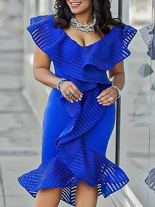 Damen Bodycon Knielanges Kleid Ärmellos Solide heiß Blau S M L XL XXL