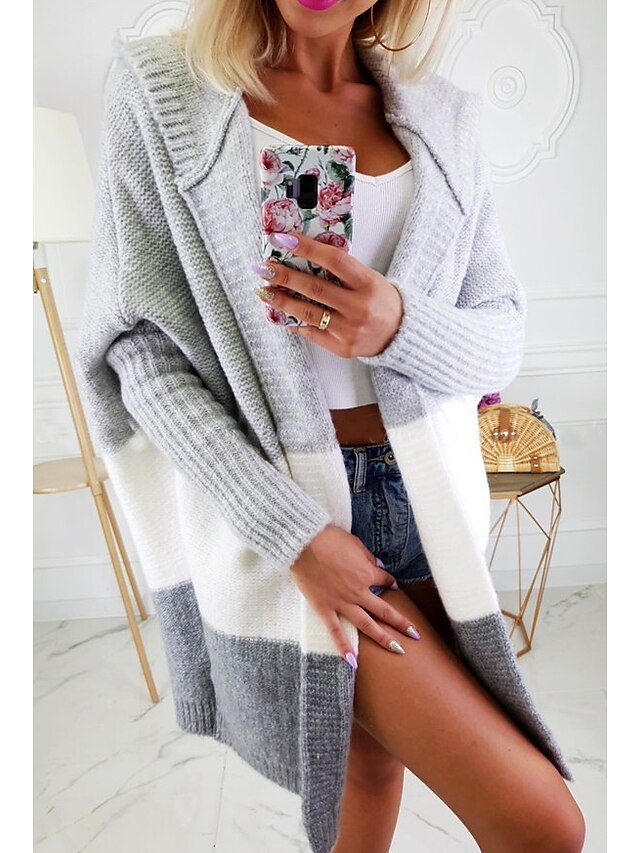 Women's Color Block Long Sleeve Cardigan Sweater Jumper, Hooded Blushing Pink / White / Gray S / M / L