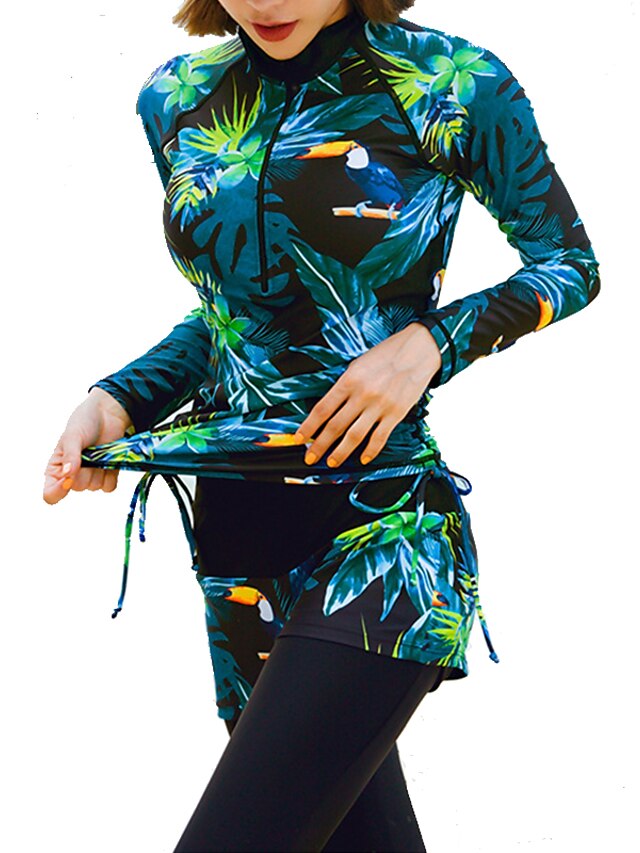  jiaao traje de buceo de 4 piezas para mujer, traje de buceo, spf50, protección solar uv, resistente a los rayos ultravioleta, elástico, natación, buceo, surf, esnórquel, estampado de flores / hojas florales, otoño / otoño