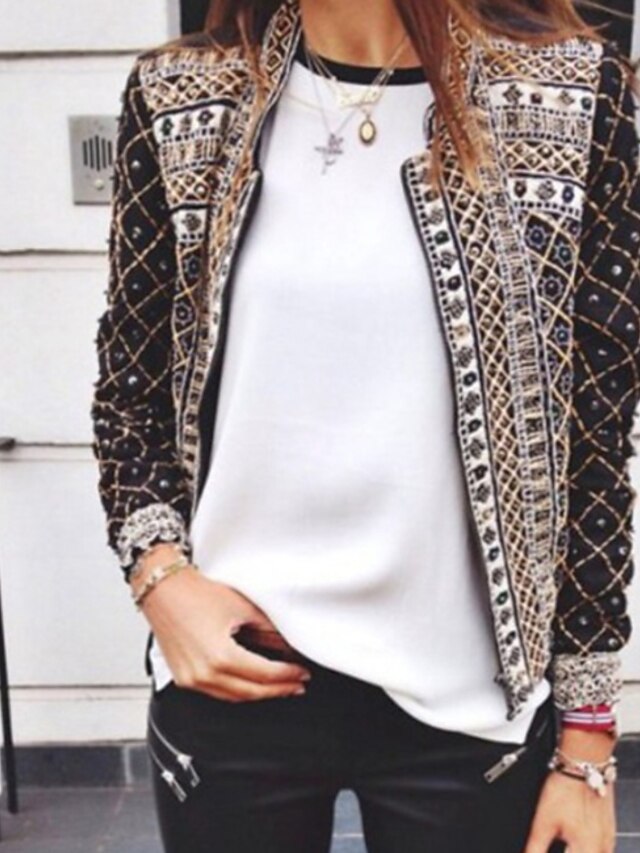  Damen Alltag Standard Jacke, Geometrisch Ständer Langarm Polyester Schwarz