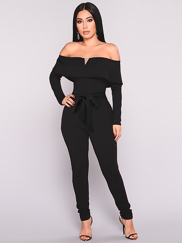  Women's Street chic / Sophisticated Black Wine Jumpsuit, Solid Colored Backless / Bow / Drawstring S M L
