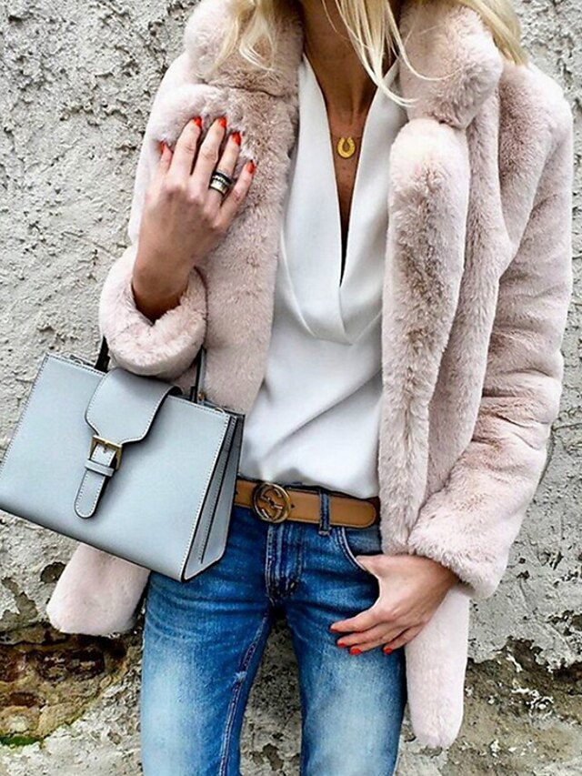  Mujer Abrigo de peluche Otoño Primavera Boda Estreno de una casa Diario Regular Abrigo Cuello Camisero Ajuste regular Elegante Chaquetas Manga Larga Clásico Color sólido Rosa Gris Oscuro Rojo