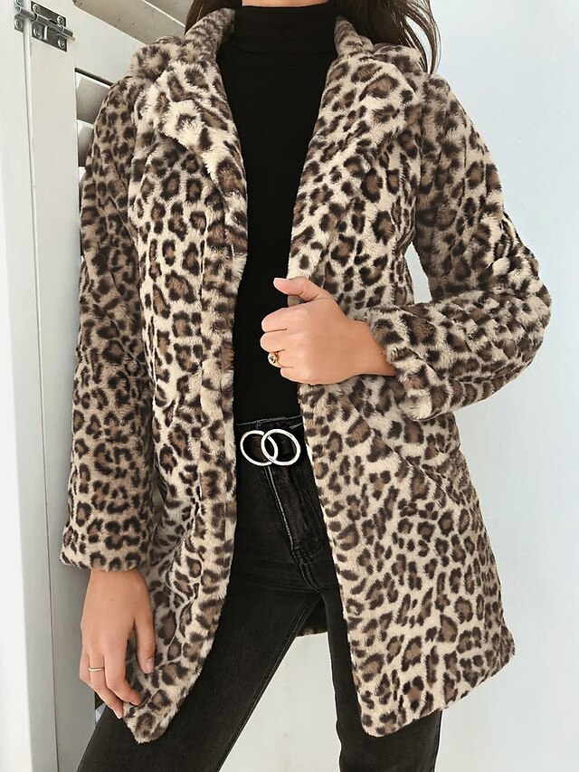  Women's Teddy Coat Fall & Winter Daily Going out Long Coat Regular Fit Sexy Jacket Long Sleeve Classic Leopard Print Gray Khaki