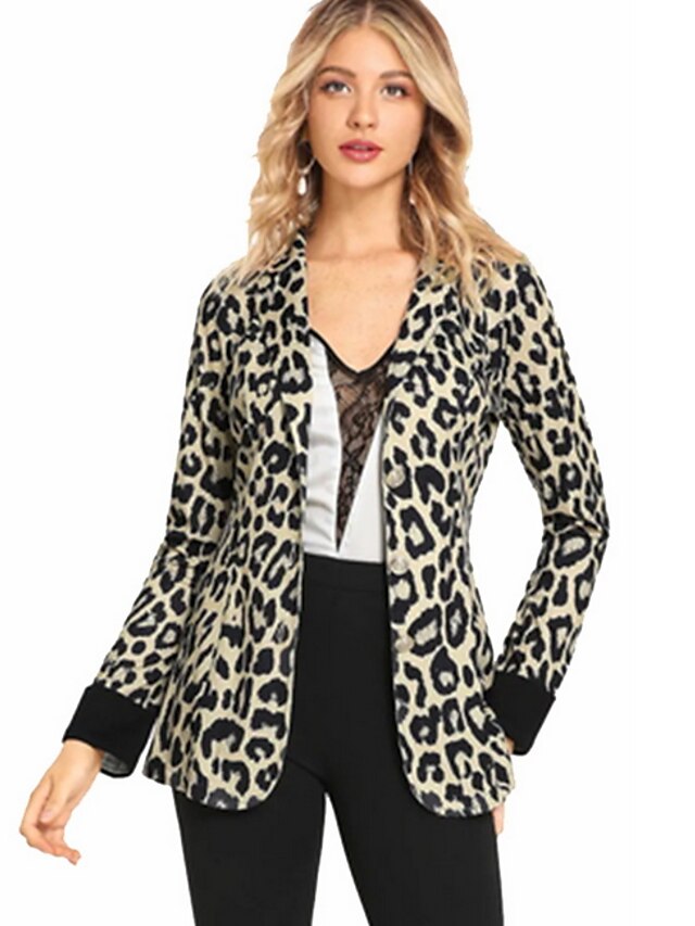  Women's Jacket Daily Regular Coat Notch lapel collar Regular Fit Jacket Long Sleeve Leopard Beige