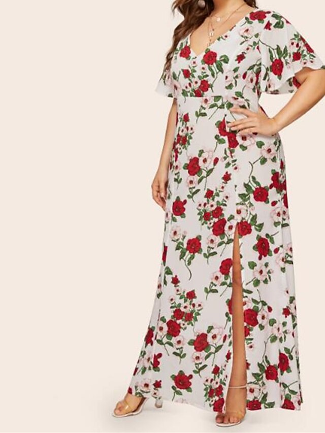  Women's Plus Size Sheath Dress Tropical Leaf Maxi long Dress - Short Sleeve Floral V Neck Street chic Boho Slim White XL XXL XXXL XXXXL