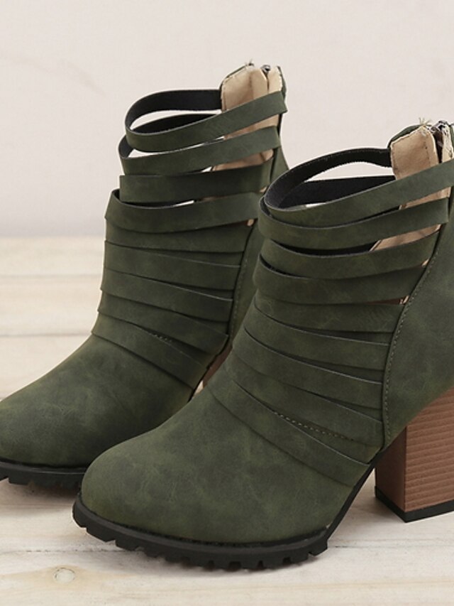 Women's Boots Daily Solid Colored Chunky Heel Round Toe PU Zipper Black Army Green Beige