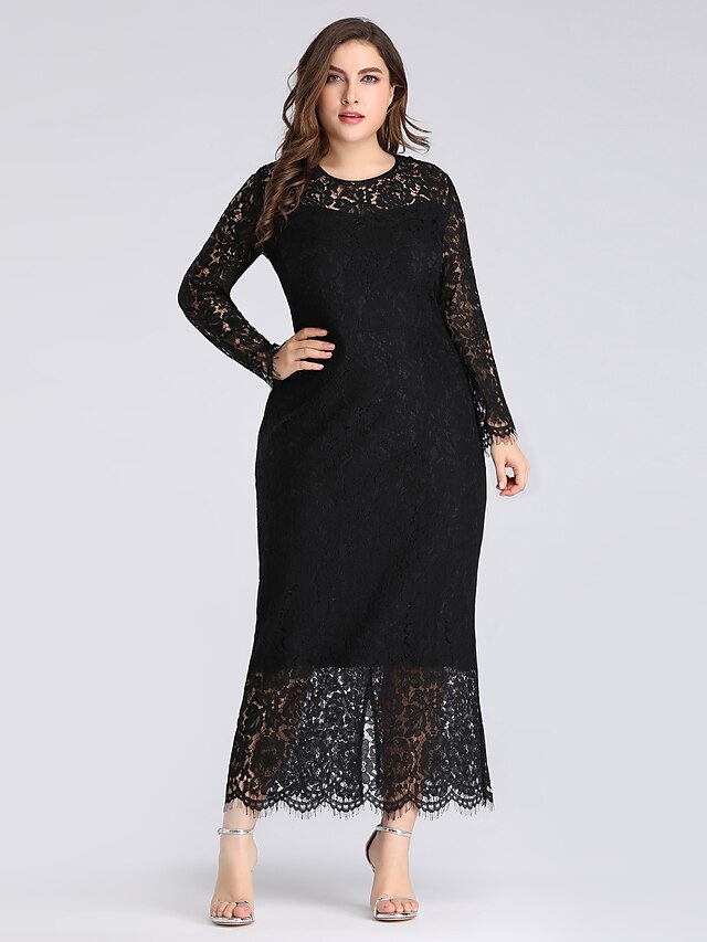  Sheath / Column Plus Size Wedding Guest Formal Evening Dress Jewel Neck Long Sleeve Ankle Length Lace with Lace Insert 2021