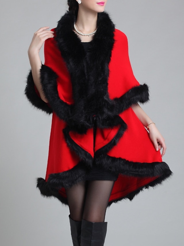  Women's V Neck Faux Fur Coat Regular Solid Colored Daily Black Purple Red Fuchsia One-Size