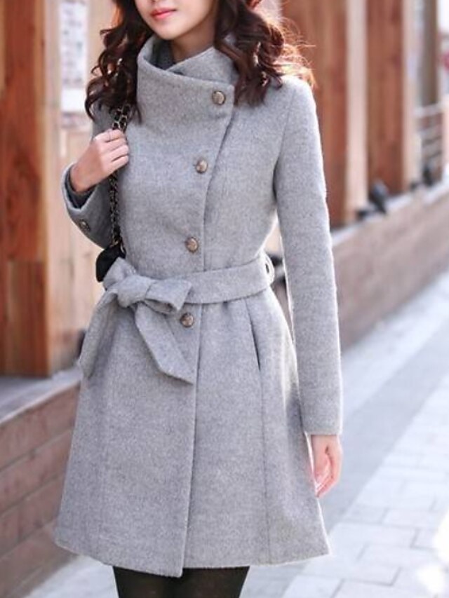 Women's Stand Collar Coat Long Solid Colored Daily Basic Black Khaki Silver S M L XL