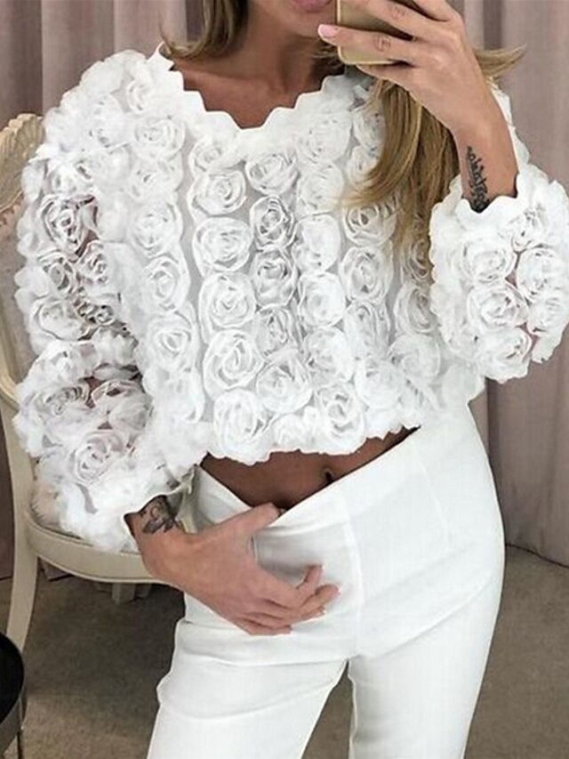 Damen Bluse Hemd Solide Langarm Rundhalsausschnitt Oberteile Basic Top Weiß