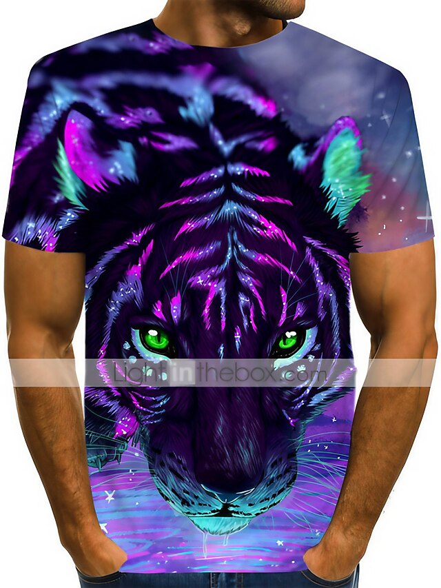  Men's T shirt Tee Shirt Round Neck Graphic Animal 3D Purple Short Sleeve Print Casual Daily Tops Streetwear Exaggerated / Summer / Summer