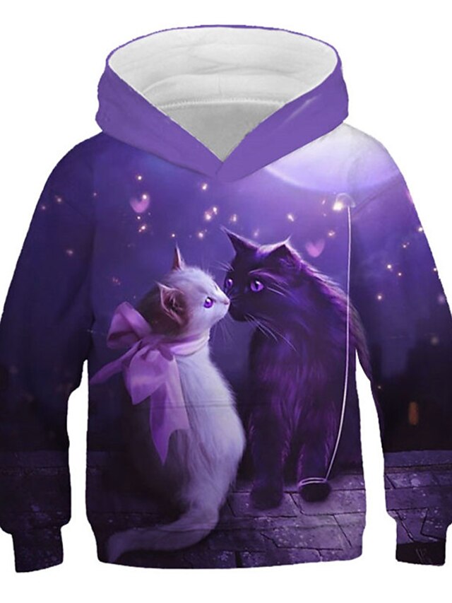  Kids Girls' Hoodie & Sweatshirt Long Sleeve Purple 3D Print Cat Print Print Cat 3D Animal Active Streetwear