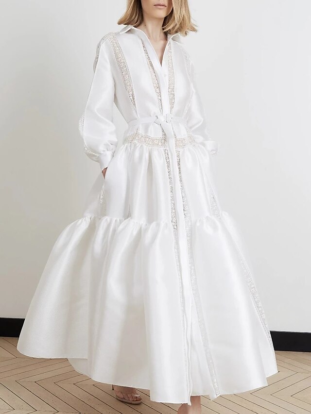  Women's Maxi Sheath Dress - Long Sleeve Solid Colored Shirt Collar Slim White S M L XL / Lace