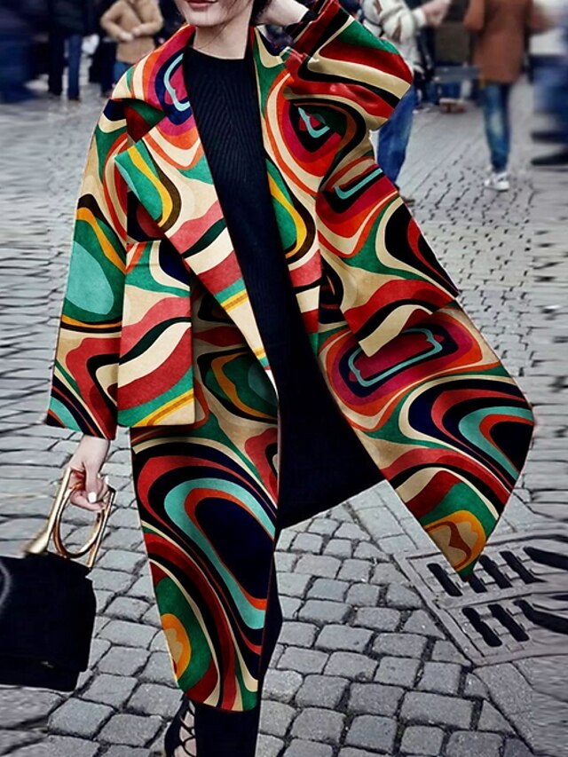  Damen Gekerbtes Revers Mantel Lang Geometrisch Einfarbig Alltag Geometrisch Abstrakt Freizeit Herbst Winter Regenbogen S / M / L