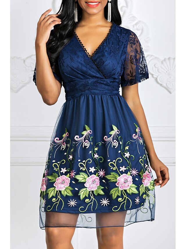  Women's A-Line Dress Knee Length Dress - Short Sleeve Floral Lace Deep V Elegant Lace Navy Blue S M L XL XXL 3XL