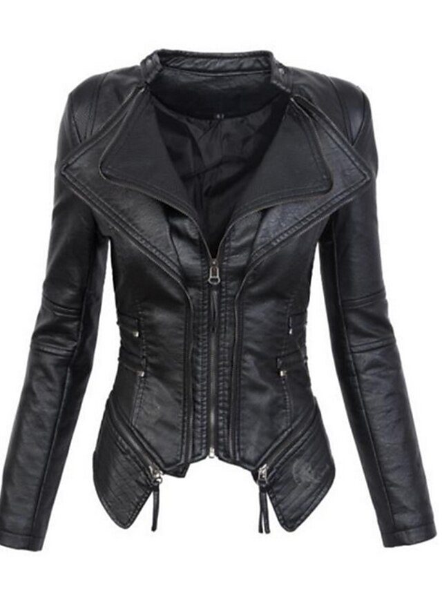  Women's Stand Collar Faux Leather Jacket Regular Solid Colored Daily Black / Red S / M / L