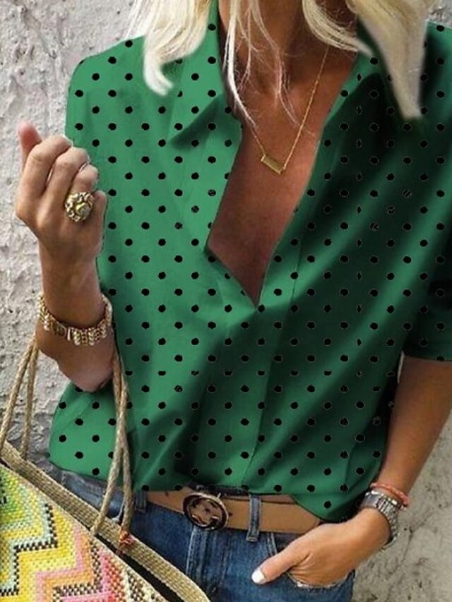 Per donna Taglie forti Blusa Camicia A pois Sexy Manica lunga Colletto Top Bianco Rosso Verde