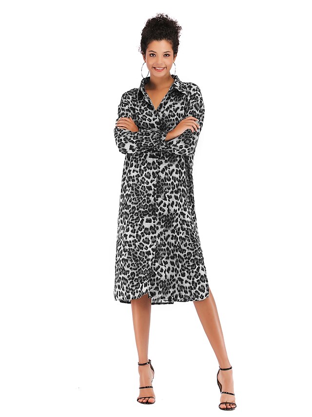  Women's Blouse Shirt Leopard Cheetah Print Long Sleeve Print Shirt Collar Tops Loose Cotton Basic Streetwear Basic Top Black Khaki