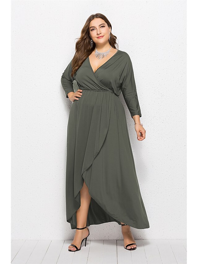  Damen Asymmetrisch Übergrössen Wein Purpur Kleid Elegant Swing Solide V-Ausschnitt