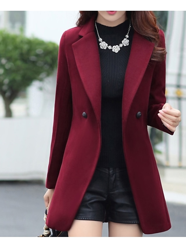  Women's Notch lapel collar Fall & Winter Coat Long Solid Colored Daily Black Red Navy Blue M L XL