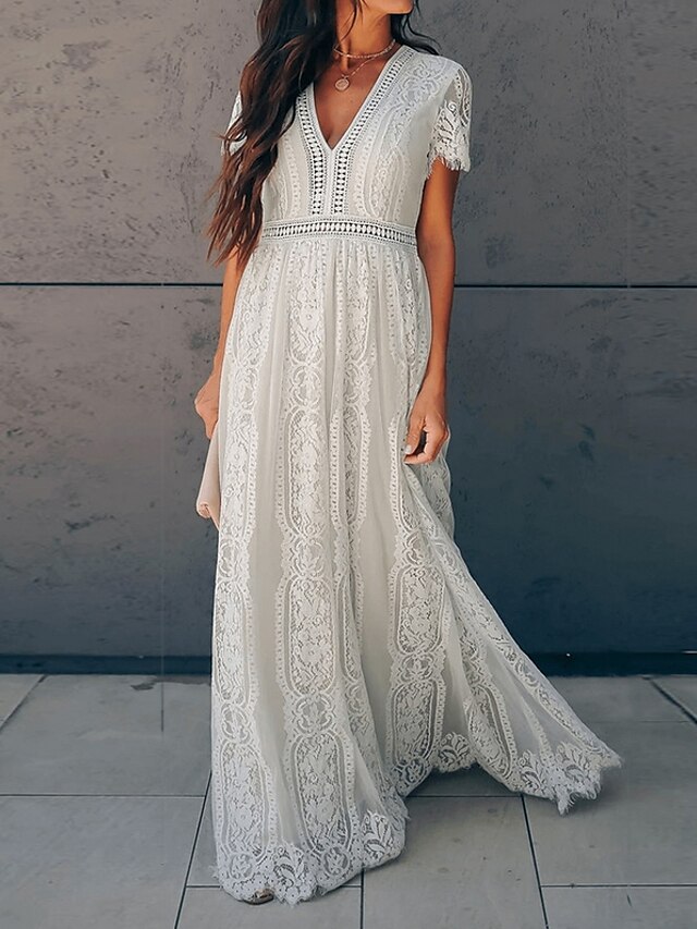  Women's Maxi long Dress Swing Dress White Short Sleeve Embroidered Lace Solid Color Deep V Spring Summer Party Hot Elegant Vacation 2021 S M L XL