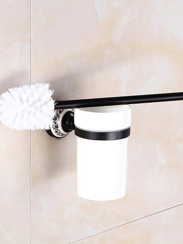 Toilet Brush Holder Set Creative Antique Brass and Ceramic Bathroom Toilet Brush Wall Mounted 1Set 