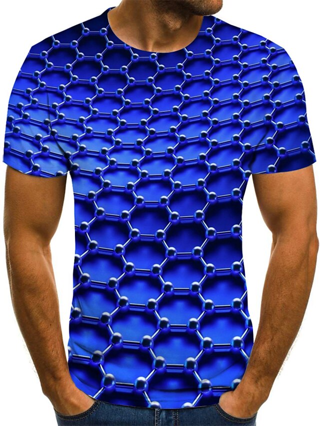  Mens Graphic Shirt Tee Optical Illusion Round Neck Blue Yellow Gold Red Brown 3D Print Plus Size Weekend Short Sleeve Clothing