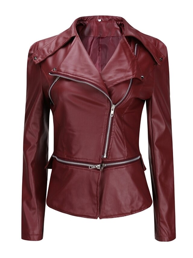  Women's Faux Leather Jacket Regular Solid Colored Daily Wine S M L XL
