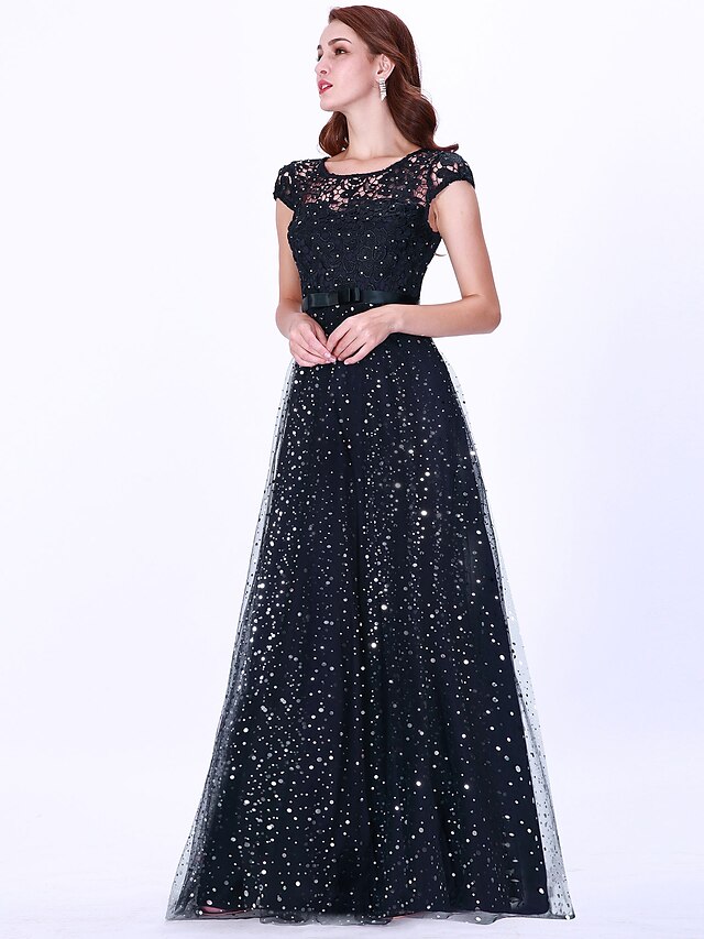  A-Line Sparkle Party Wear Prom Dress Illusion Neck Sleeveless Floor Length Lace Tulle with Beading Sequin 2021