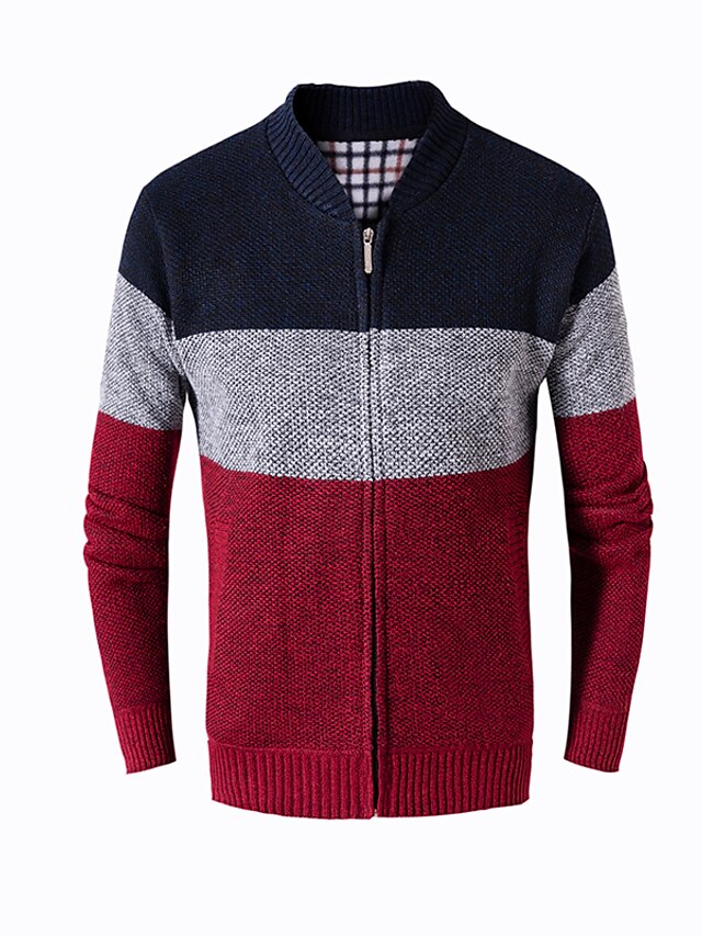  Men's Sweater Color Block Long Sleeve Sweater Cardigans Stand Collar Blue Wine Navy Blue