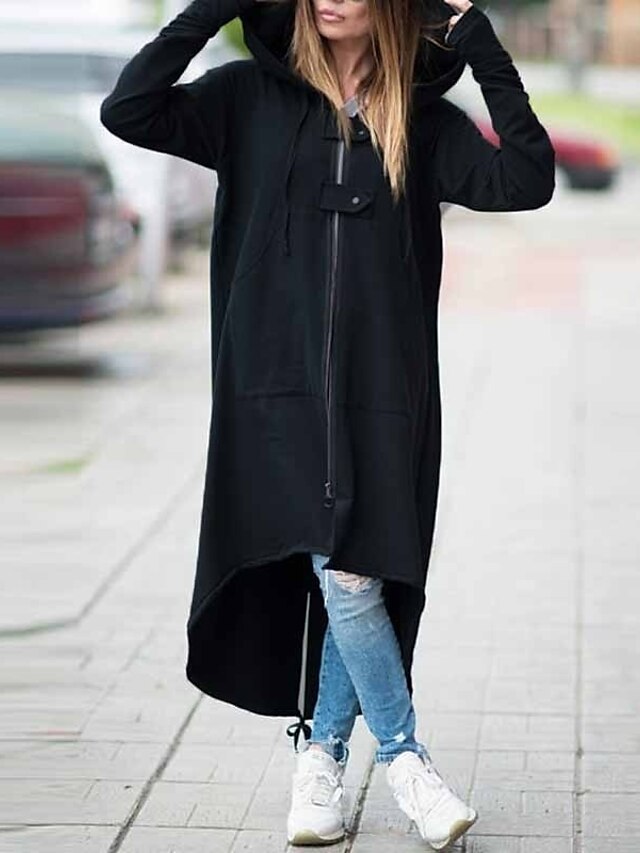  Women's Trench Coat Solid Colored Oversized Fall & Winter Long Daily Long Sleeve Polyster Coat Tops Black / Loose